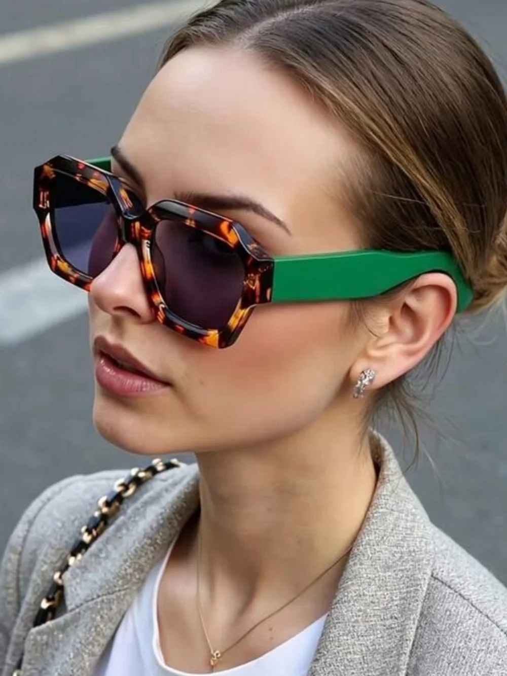 Free People Retro Square Tortoiseshell Sunglasses with Green Arms - Picture 5 of 14